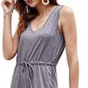 Sleeveless Grey Midi Dress Jersey Knit with Drawstring Waist and Pockets.